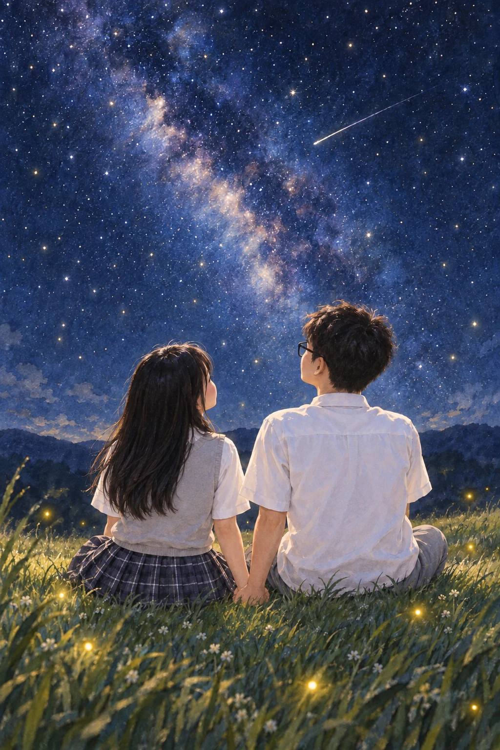 水彩星空下，两个人牵手坐在草地上看星星。